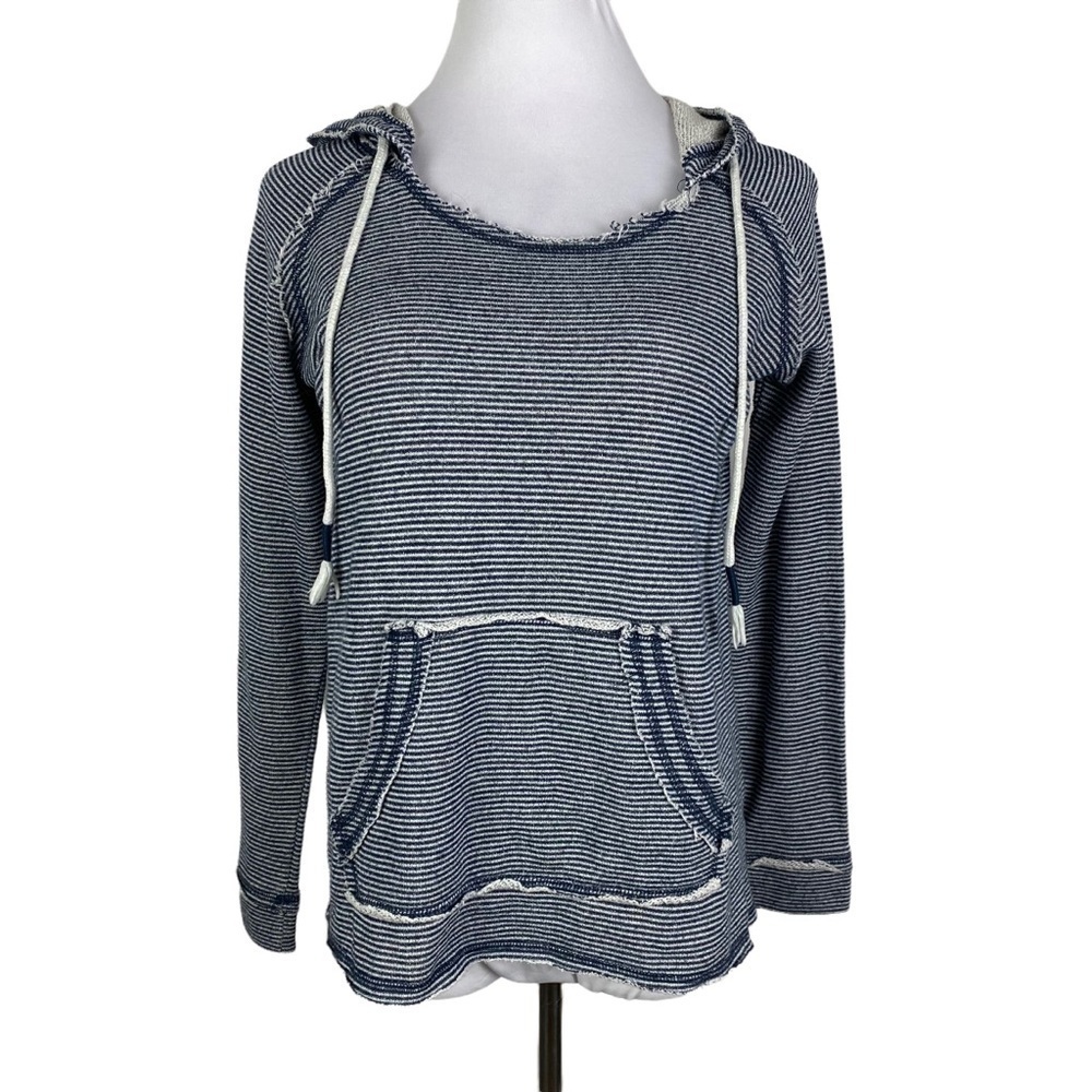 Ocean Drive Striped Hooded Drawstring Sweatshirt Women's Small Navy Blue White‎